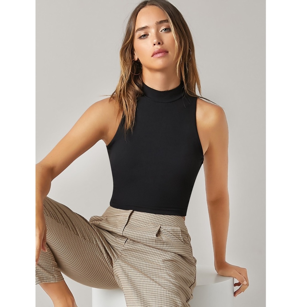 High Neck Black Crop Tank Top Rib Knit